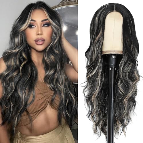 NAYOO Long Black Mixed Blonde Wavy Wig for Women 26 Inch Middle Part Curly Wavy Wig Natural Looking Synthetic Heat Resistant Fiber for Daily Party Black Mixed Blonde